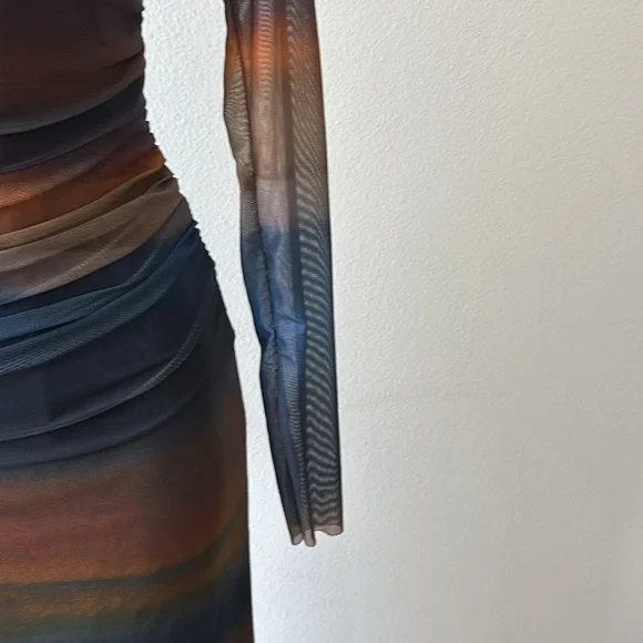 BodyCon Dress L Ruched Ombre Sunset Sheer Sleeves Y2K Dark Fairy Ethereal Grunge - Picture 12 of 15